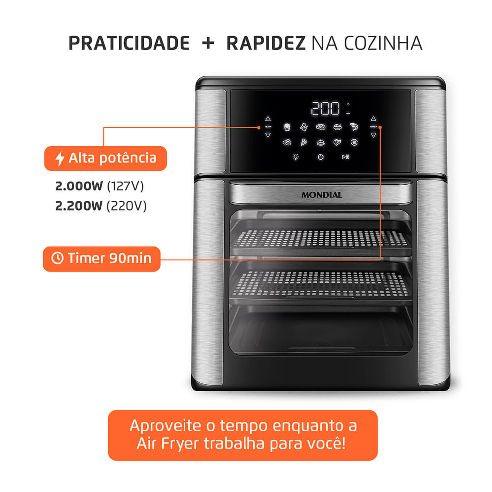 Fritadeira Air Fryer Forno Oven 12L Mondial Preto e Inox0W AFON-12L-BI - 8