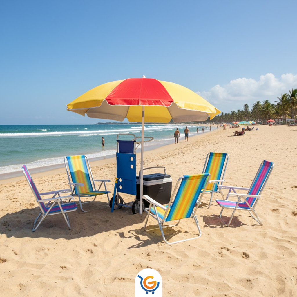 Kit Praia 4 Cadeiras Sortidas Reclinável + Guarda Sol Fashion + Saca Areia+ Carrinho+ Coller 18 Lts - 8