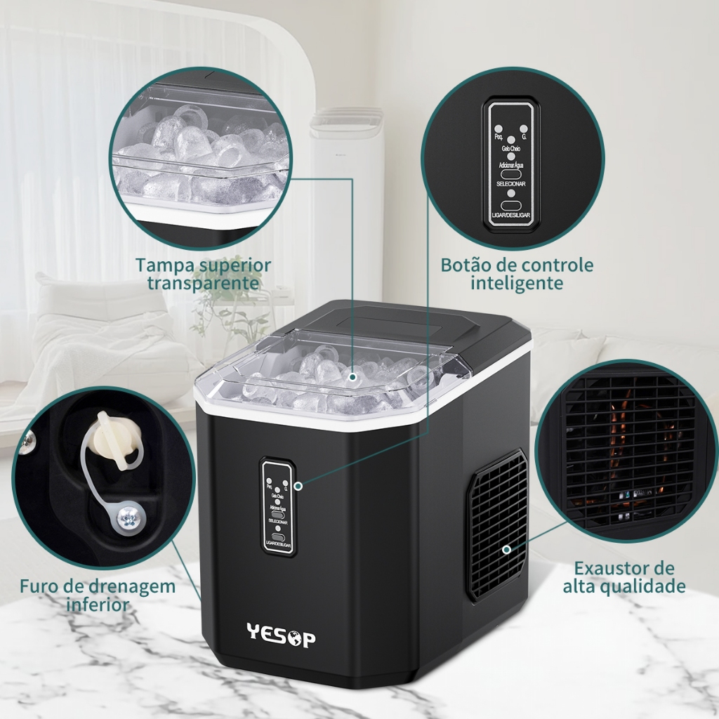YESOP Máquina De Gelo Portátil Preto 12kg/dia 127V Produção Rápida Turbo Ice Para Casa E Bar - 6