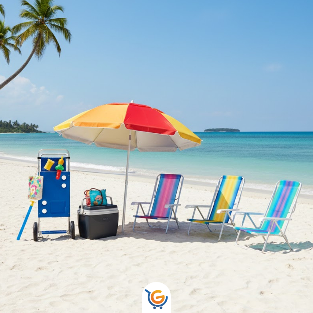 Kit Praia 4 Cadeiras Sortidas Reclinável + Guarda Sol Fashion + Saca Areia+ Carrinho+ Coller 18 Lts - 9