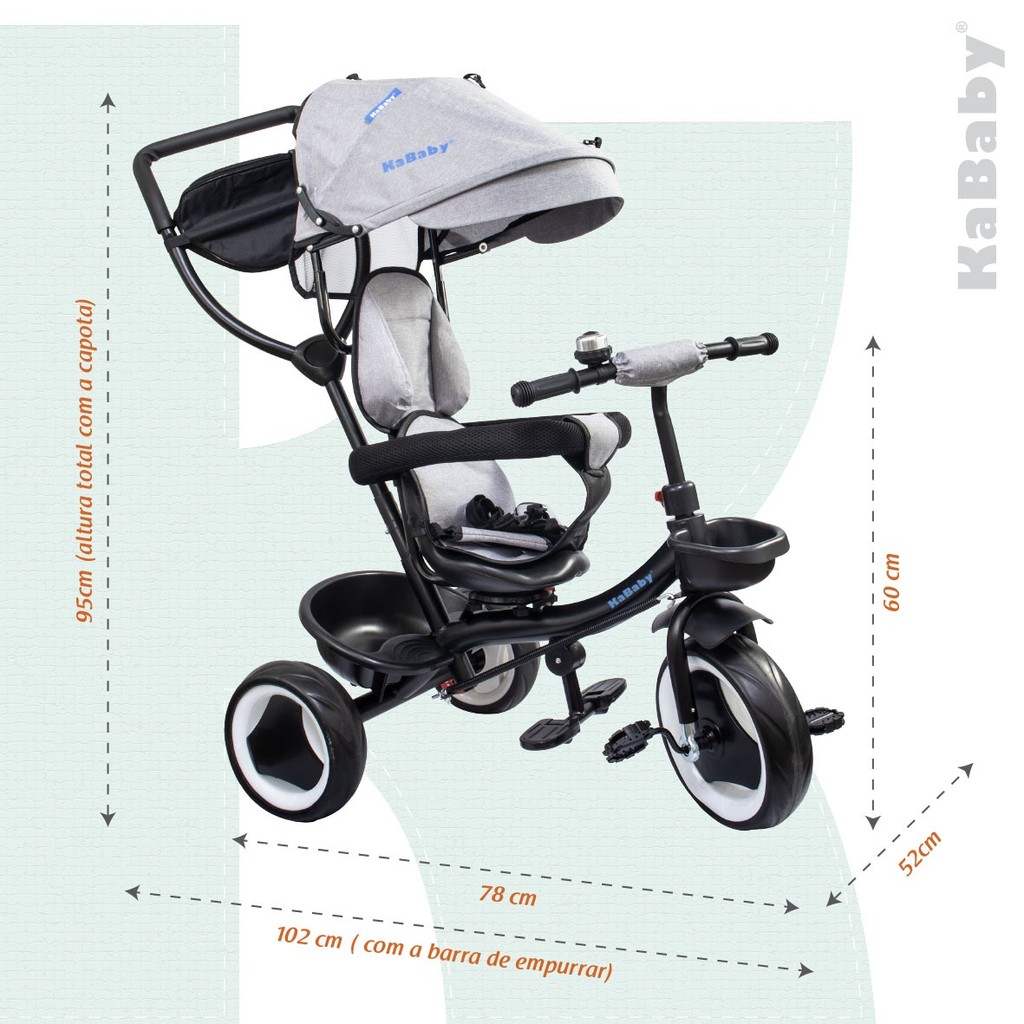 Triciclo Infantil 4 em 1 Multifuncional Carrinho de Bebê Com Empurrador e CapotaSolar-Kababy